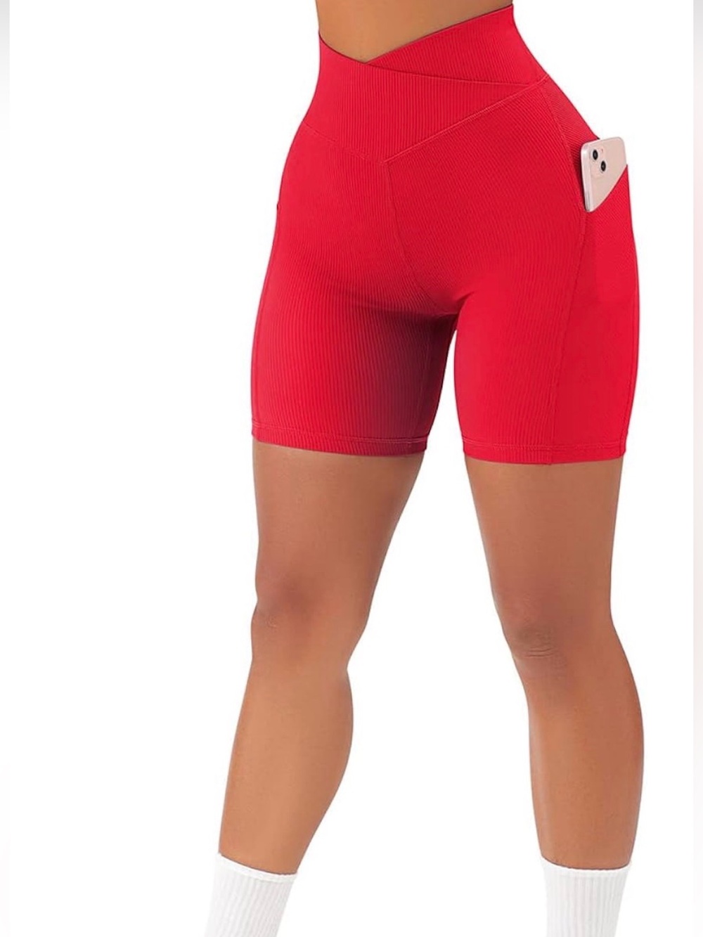 High-Waist Red Bike Shorts with Side Phone Pocket
